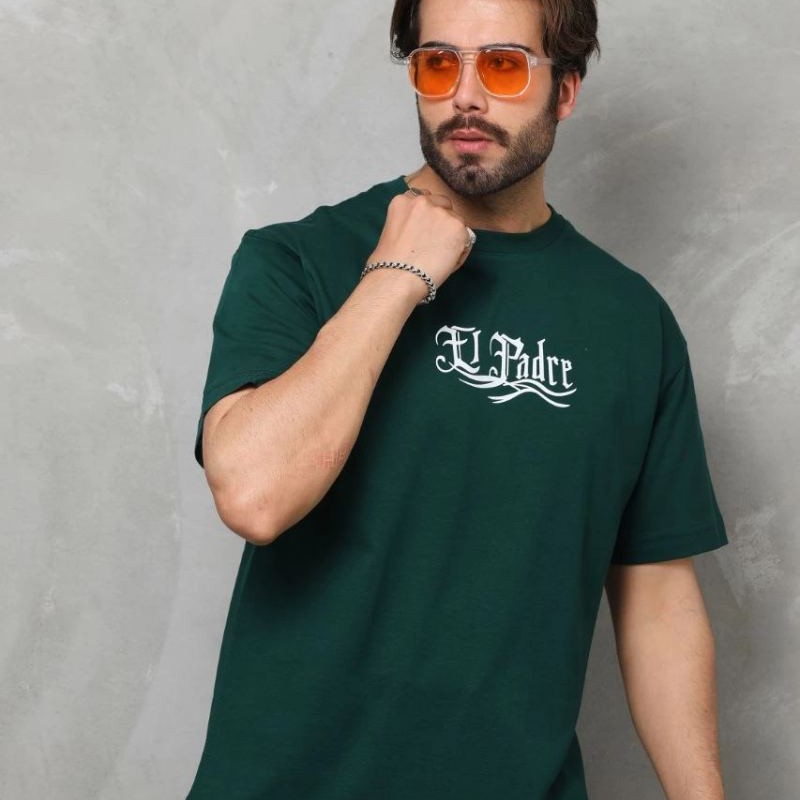 Erkek Kısa Kol Yazlık Tişört Bisiklet Yaka Baskılı Oversize T-Shirt - Yeşil