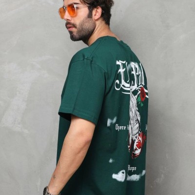 Erkek Kısa Kol Yazlık Tişört Bisiklet Yaka Baskılı Oversize T-Shirt - Yeşil