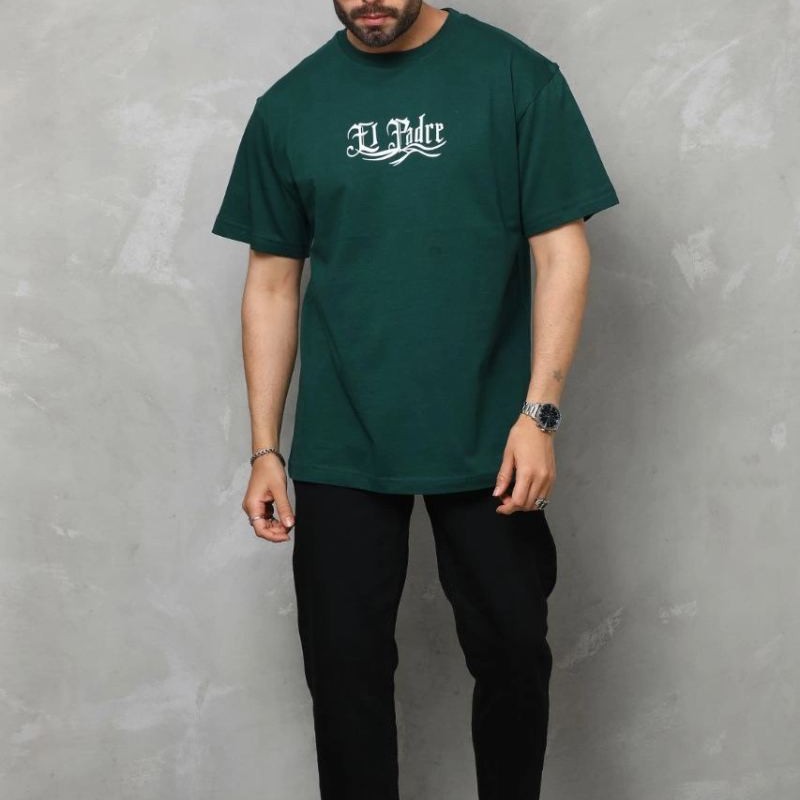 Erkek Kısa Kol Yazlık Tişört Bisiklet Yaka Baskılı Oversize T-Shirt - Yeşil