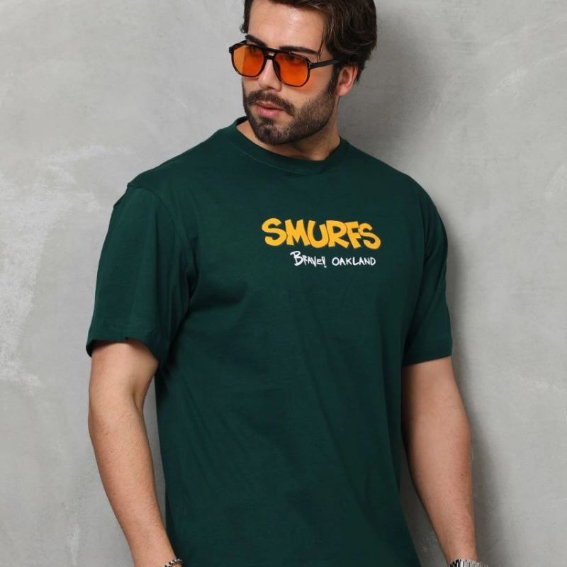 Erkek Kısa Kol Yazlık Tişört Bisiklet Yaka Baskılı Oversize T-Shirt - Yeşil