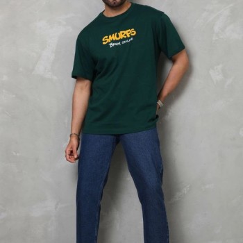 Erkek Kısa Kol Yazlık Tişört Bisiklet Yaka Baskılı Oversize T-Shirt - Yeşil