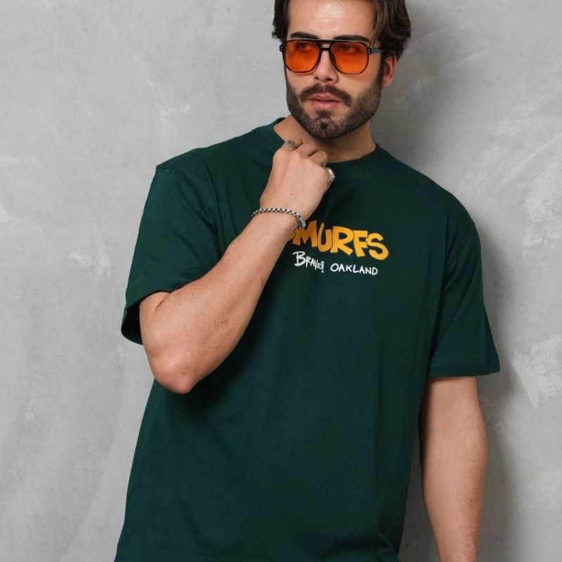 Erkek Kısa Kol Yazlık Tişört Bisiklet Yaka Baskılı Oversize T-Shirt - Yeşil