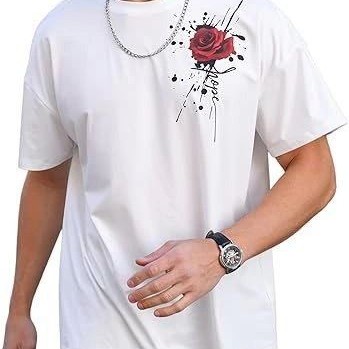 Erkek Kısa Kol Yazlık Tişört Bisiklet Yaka GÜL Baskılı T-Shirt - Beyaz