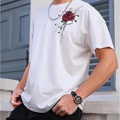 Erkek Kısa Kol Yazlık Tişört Bisiklet Yaka GÜL Baskılı T-Shirt - Beyaz