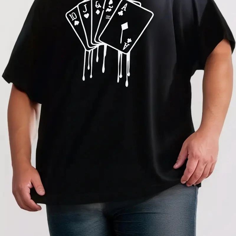 Erkek Kısa Kol Yazlık Tişört Bisiklet Yaka KART Baskılı T-Shirt - Siyah