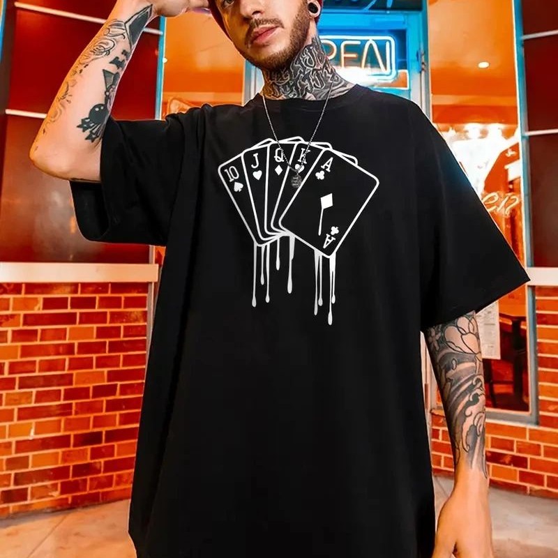 Erkek Kısa Kol Yazlık Tişört Bisiklet Yaka KART Baskılı T-Shirt - Siyah
