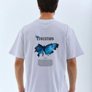 Erkek Kısa Kol Yazlık Tişört Bisiklet Yaka KELEBEK Baskılı T-Shirt - Beyaz