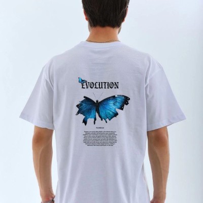 Erkek Kısa Kol Yazlık Tişört Bisiklet Yaka KELEBEK Baskılı T-Shirt - Beyaz