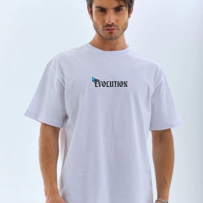 Erkek Kısa Kol Yazlık Tişört Bisiklet Yaka KELEBEK Baskılı T-Shirt - Beyaz