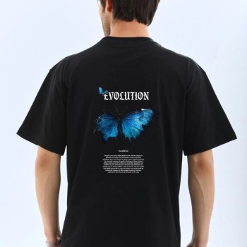Erkek Kısa Kol Yazlık Tişört Bisiklet Yaka KELEBEK Baskılı  T-Shirt - Siyah