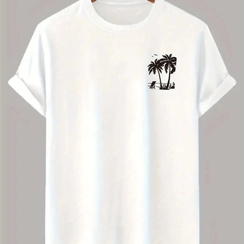 Erkek Kısa Kol Yazlık Tişört Bisiklet Yaka Palmiye Baskılı T-Shirt - Beyaz