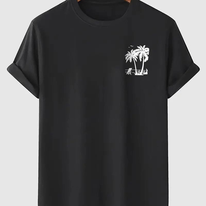 Erkek Kısa Kol Yazlık Tişört Bisiklet Yaka Palmiye Baskılı T-Shirt - Siyah