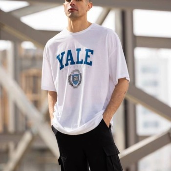 Erkek Kısa Kol Yazlık Tişört Bisiklet Yaka YALE Baskılı  T-Shirt - Beyaz