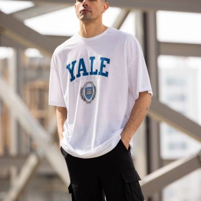Erkek Kısa Kol Yazlık Tişört Bisiklet Yaka YALE Baskılı  T-Shirt - Beyaz