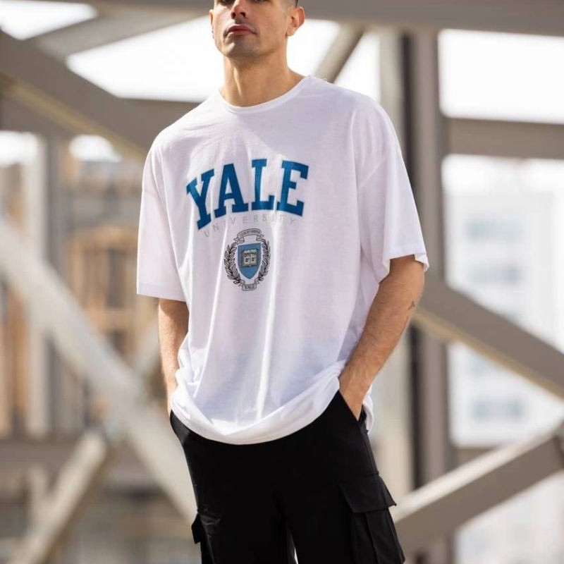 Erkek Kısa Kol Yazlık Tişört Bisiklet Yaka YALE Baskılı  T-Shirt - Beyaz