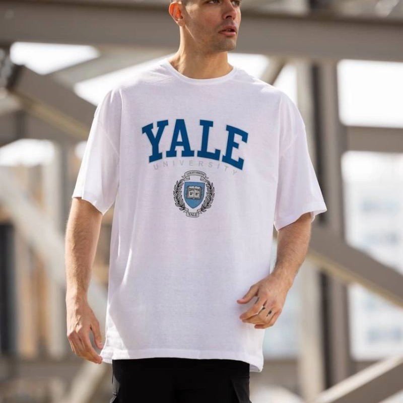 Erkek Kısa Kol Yazlık Tişört Bisiklet Yaka YALE Baskılı  T-Shirt - Beyaz