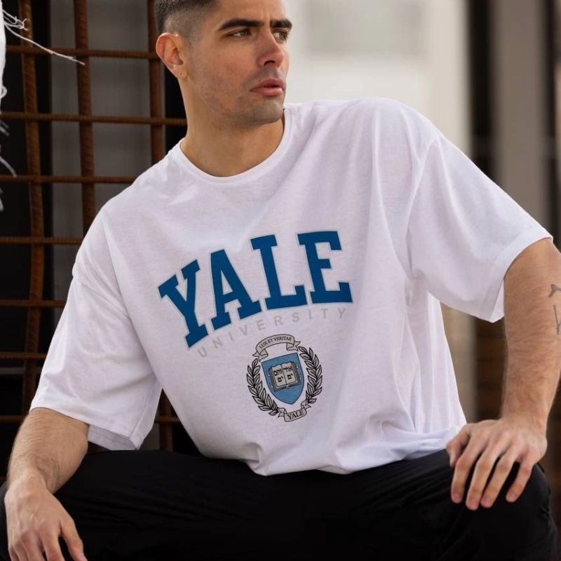 Erkek Kısa Kol Yazlık Tişört Bisiklet Yaka YALE Baskılı  T-Shirt - Beyaz