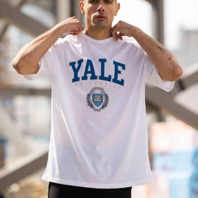 Erkek Kısa Kol Yazlık Tişört Bisiklet Yaka YALE Baskılı  T-Shirt - Beyaz
