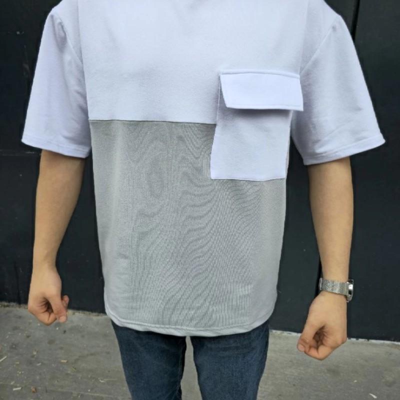 Erkek Kısa Kol Yazlık Tişört Torba Cepli Parçalı T-Shirt - Gri