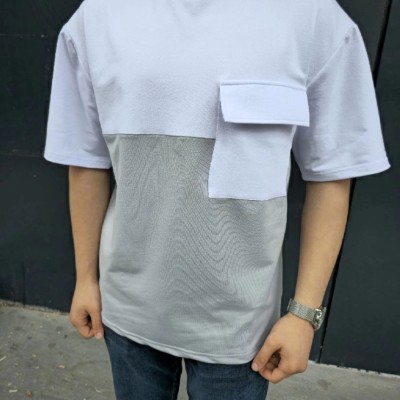 Erkek Kısa Kol Yazlık Tişört Torba Cepli Parçalı T-Shirt - Gri