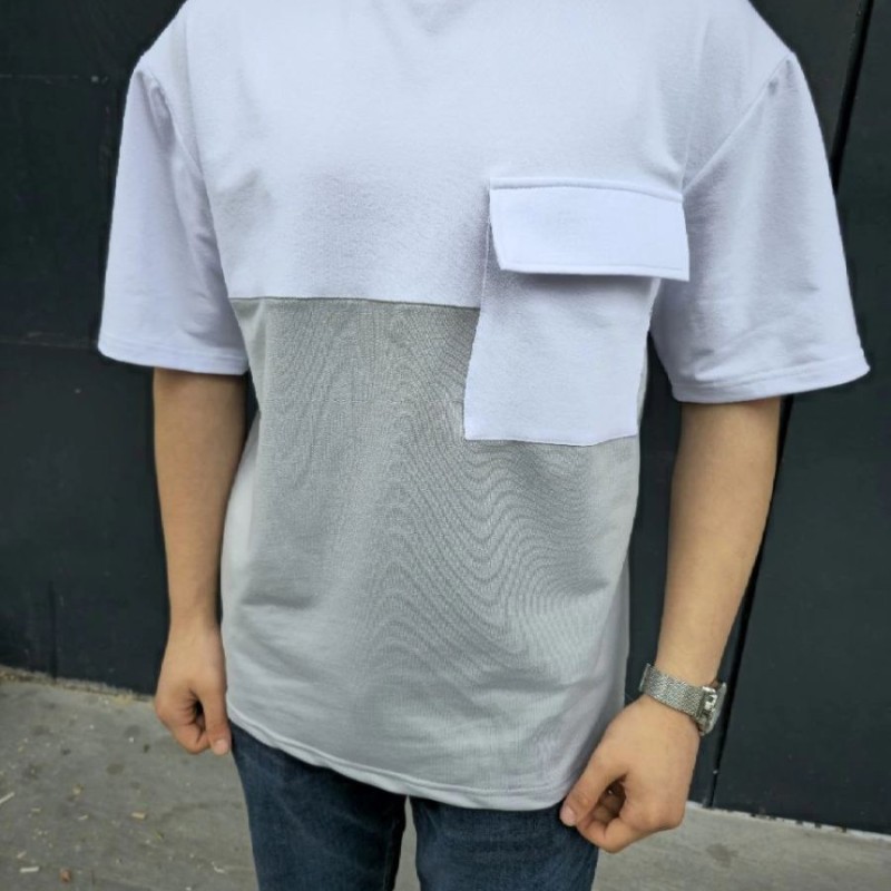 Erkek Kısa Kol Yazlık Tişört Torba Cepli Parçalı T-Shirt - Gri