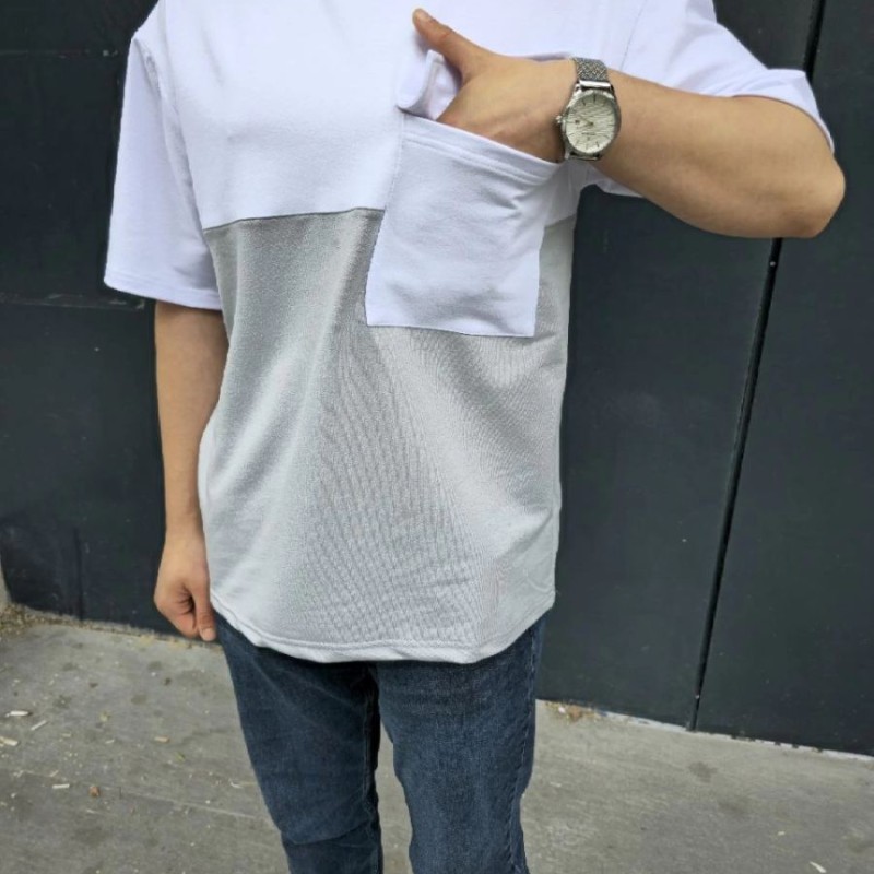 Erkek Kısa Kol Yazlık Tişört Torba Cepli Parçalı T-Shirt - Gri
