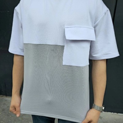 Erkek Kısa Kol Yazlık Tişört Torba Cepli Parçalı T-Shirt - Gri