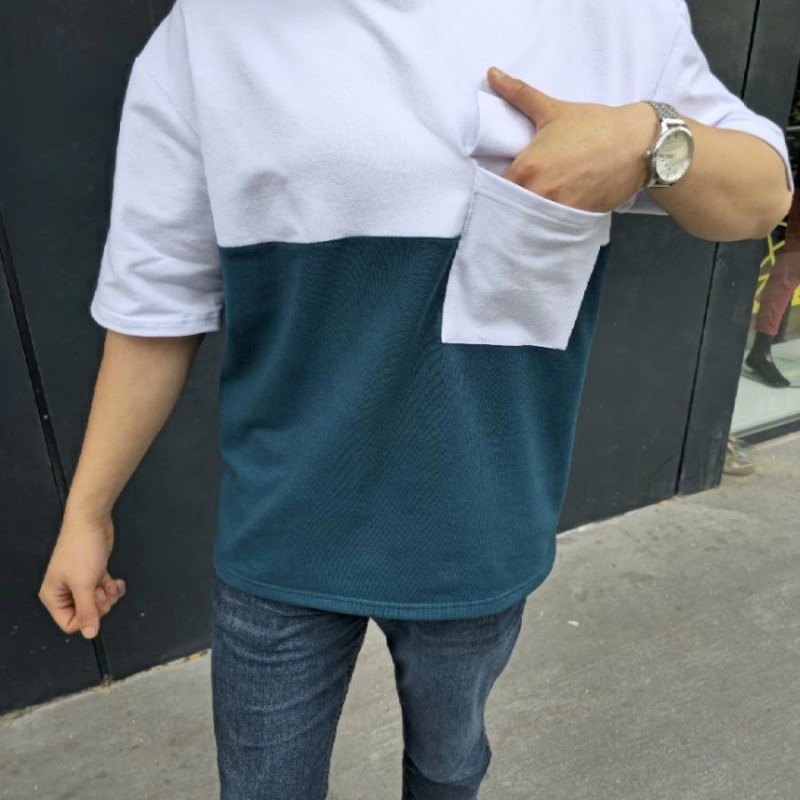 Erkek Kısa Kol Yazlık Tişört Torba Cepli Parçalı T-Shirt - Lacivert