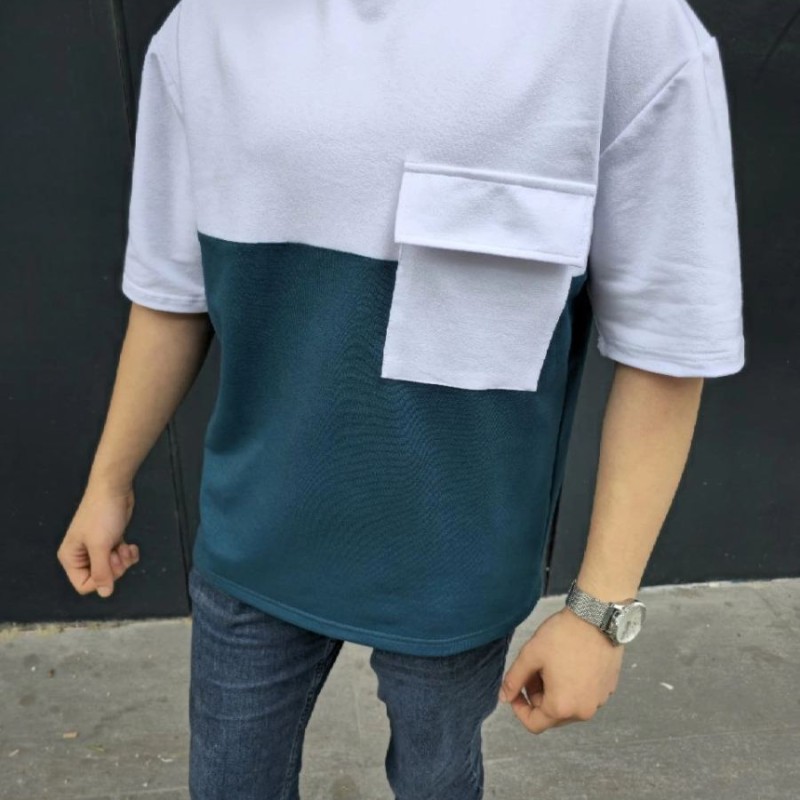 Erkek Kısa Kol Yazlık Tişört Torba Cepli Parçalı T-Shirt - Lacivert