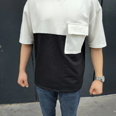Erkek Kısa Kol Yazlık Tişört Torba Cepli Parçalı T-Shirt - Siyah