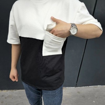 Erkek Kısa Kol Yazlık Tişört Torba Cepli Parçalı T-Shirt - Siyah