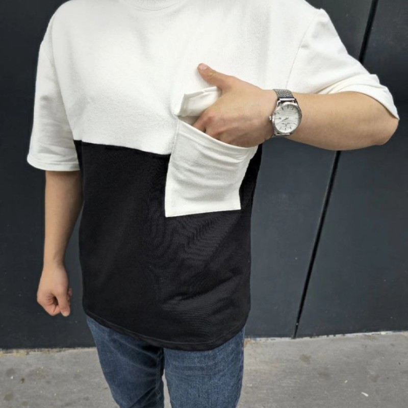 Erkek Kısa Kol Yazlık Tişört Torba Cepli Parçalı T-Shirt - Siyah