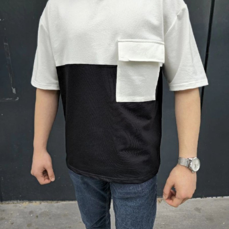 Erkek Kısa Kol Yazlık Tişört Torba Cepli Parçalı T-Shirt - Siyah