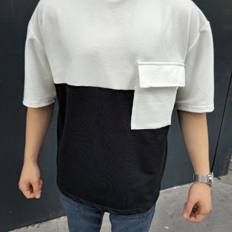 Erkek Kısa Kol Yazlık Tişört Torba Cepli Parçalı T-Shirt - Siyah