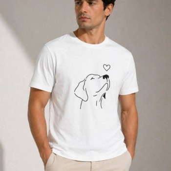 Erkek Köpek Figürlü Minimal Baskılı Tişört Kısa Kol Yazlık T-Shirt - Beyaz