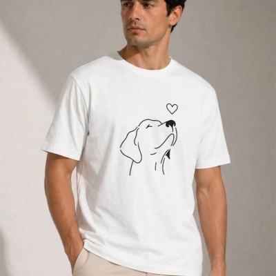 Erkek Köpek Figürlü Minimal Baskılı Tişört Kısa Kol Yazlık T-Shirt - Beyaz