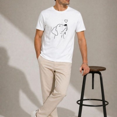 Erkek Köpek Figürlü Minimal Baskılı Tişört Kısa Kol Yazlık T-Shirt - Beyaz