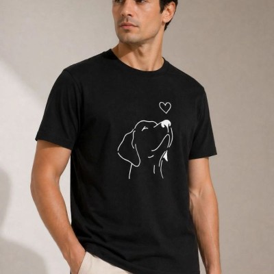 Erkek Köpek Figürlü Minimal Baskılı Tişört Kısa Kol Yazlık T-Shirt - Siyah