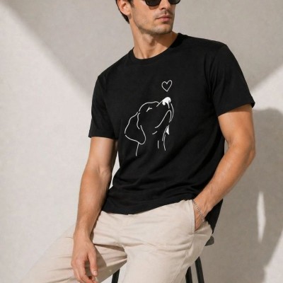 Erkek Köpek Figürlü Minimal Baskılı Tişört Kısa Kol Yazlık T-Shirt - Siyah