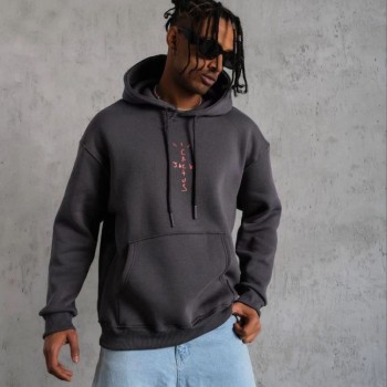 Erkek Kordonlu Arka Maske Kordon Saçlı 3 iplik pamuklu Kapüşonlu sweatshirt - Füme