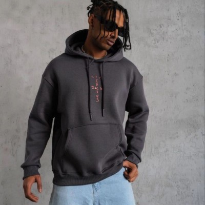 Erkek Kordonlu Arka Maske Kordon Saçlı 3 iplik pamuklu Kapüşonlu sweatshirt - Füme