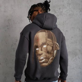 Erkek Kordonlu Arka Maske Kordon Saçlı 3 iplik pamuklu Kapüşonlu sweatshirt - Füme