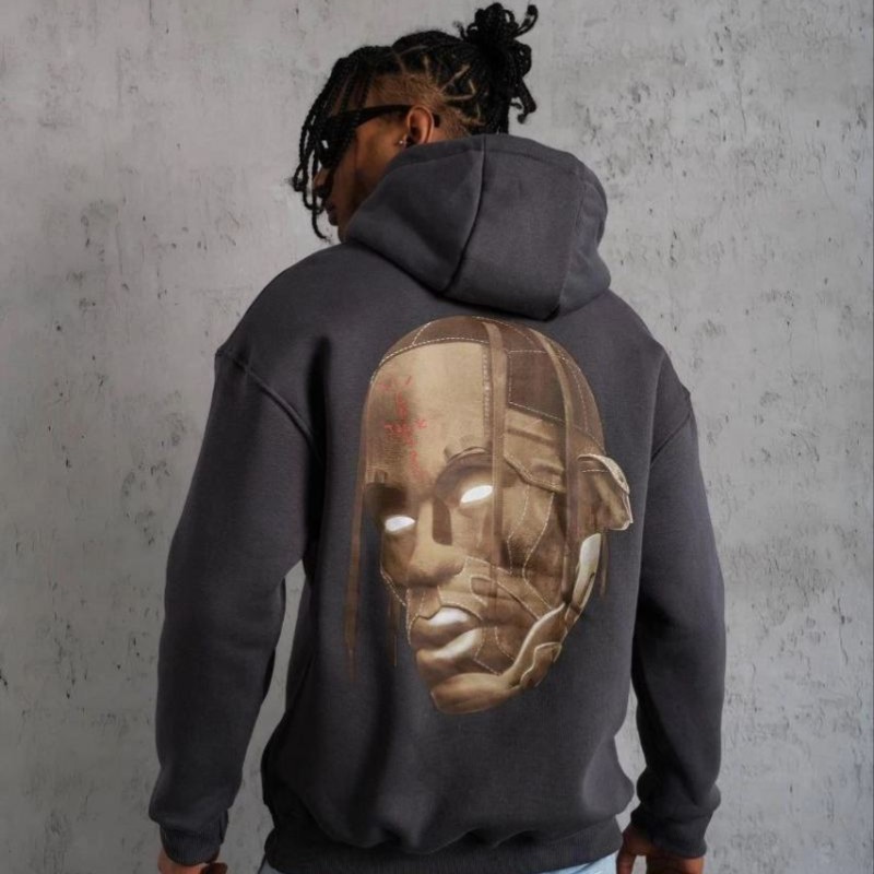 Erkek Kordonlu Arka Maske Kordon Saçlı 3 iplik pamuklu Kapüşonlu sweatshirt - Füme