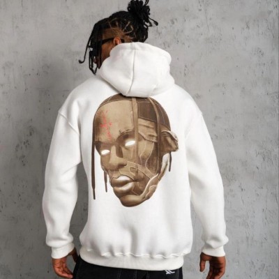 Erkek Kordonlu Arka Maske Kordon Saçlı Kapüşonlu sweatshirt hoodie - Beyaz