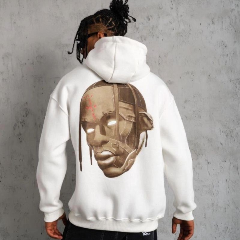Erkek Kordonlu Arka Maske Kordon Saçlı Kapüşonlu sweatshirt hoodie - Beyaz