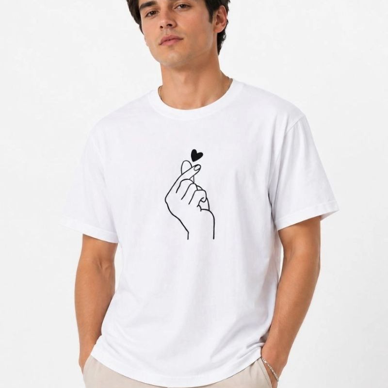 Erkek Kore Parmak Kalp Aşk Temalı Minimal Baskılı Tişört Yazlık Kısa Kol T-Shirt - Beyaz
