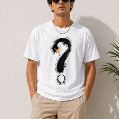 Erkek Kuğu Figürlü Soru İşareti Baskılı Tişört Kısa Kol T-Shirt - Beyaz