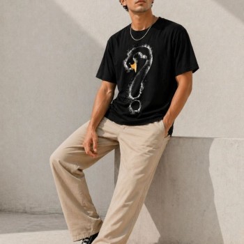 Erkek Kuğu Figürlü Soru İşareti Baskılı Tişört Kısa Kol T-Shirt - Siyah