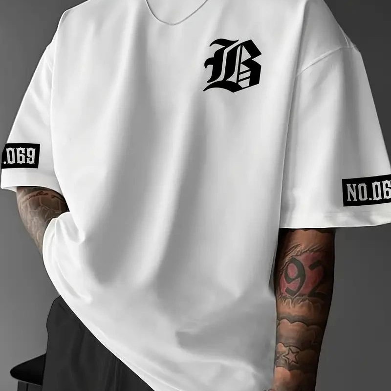 Erkek LB Baskılı Tişört Bisiklet Yaka Kısa Kol T-shirt - Beyaz