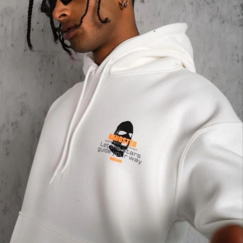 Erkek Maske Baskılı 3 iplik pamuklu Kapüşonlu Sweatshirt hoodie - Beyaz